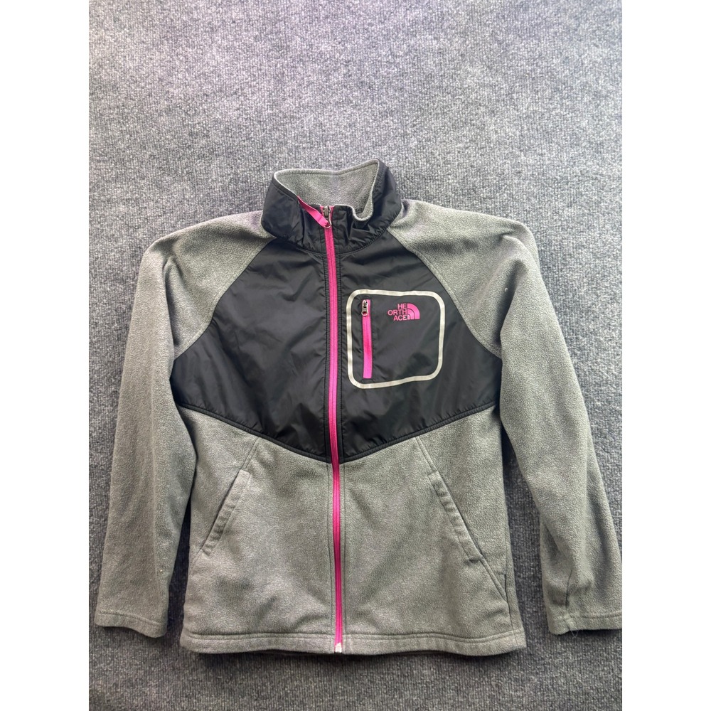 The North Face Denali Fleece Jacket Girls XL 18 Grey Black Pink Yoke Zip